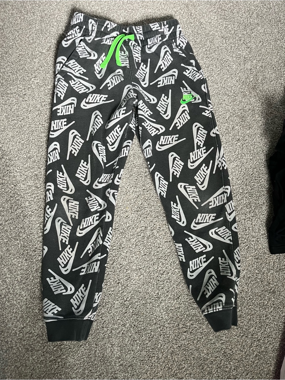 Nike charcoal Joggers with White Logo Print and Neon Green Drawcord